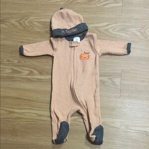Bon Bebe Striped Orange and Gray‎ Infant One Piece My 1st Halloween w Hat 0-3M
